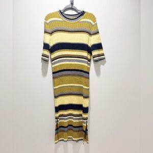 H&M Women’s Striped Knit Midi Dress in Yellow and Navy Slim Fit Retro Size XL